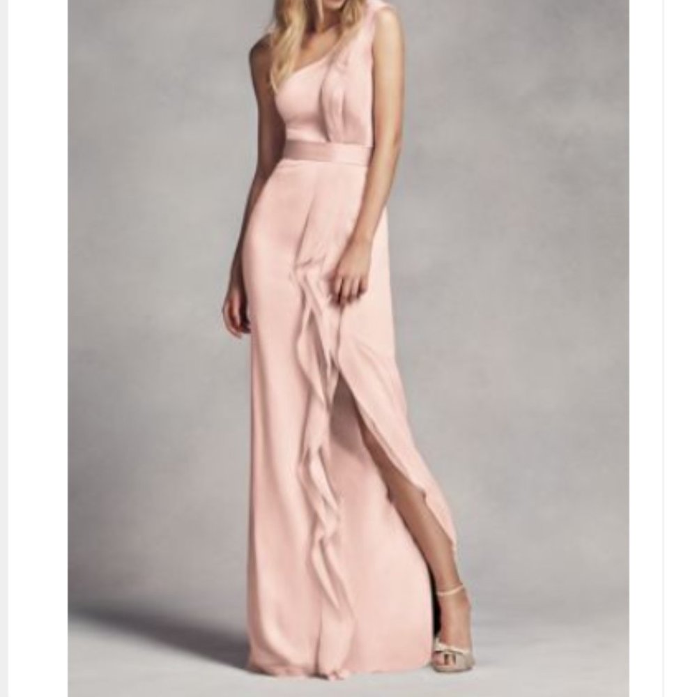 White by Vera Wang Long One-Shoulder Bridesmaid Dress with Ruffles in Blush